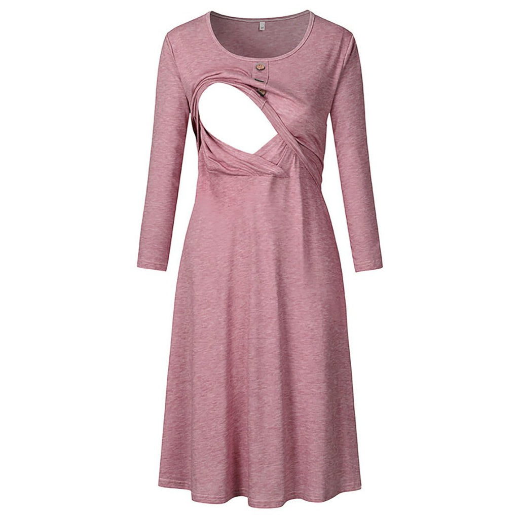 Maternity Casual Long Sleeve Button Nursing Dress For Breastfeeding-Ship in February.