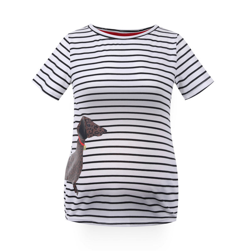 Short Sleeve Striped Maternity T-Shirt/Dog Flower Maternity Top