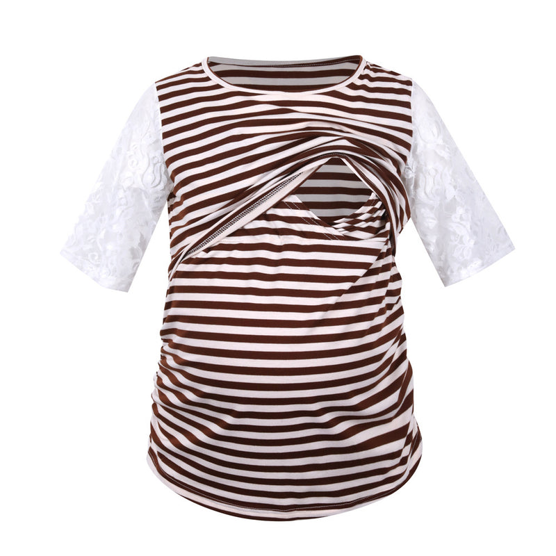 Striped Lace Sleeve Maternity Nursing T-Shirt / Maternity Top