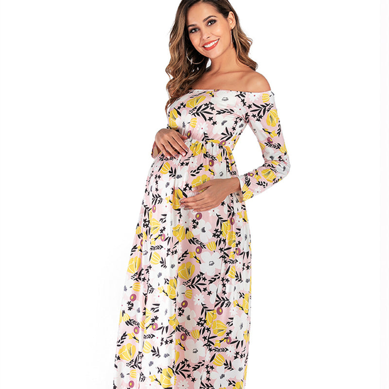 One-Shoulder Ruffle Digital Print Long Sleeve Maternity Dress
