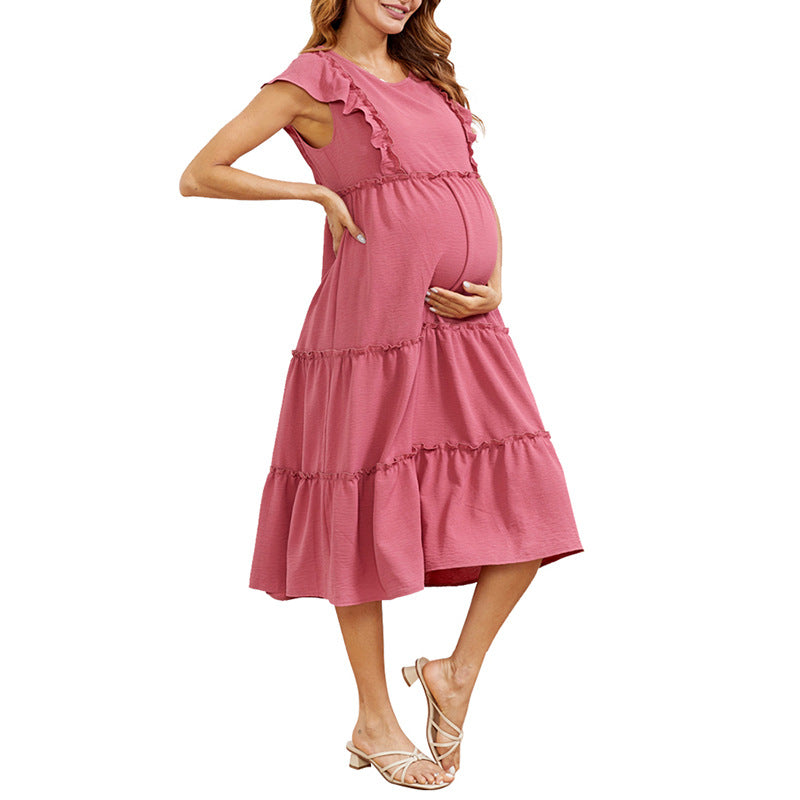 Scoop Neck Ruffle Trim Maternity Dress
