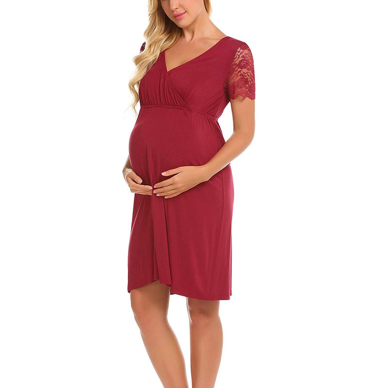 Solid Lace Sleeve Maternity/Nursing Midi Dress
