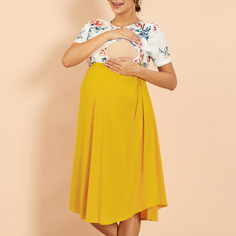 Floral Patchwork Maternity/Nursing Dress in Yellow