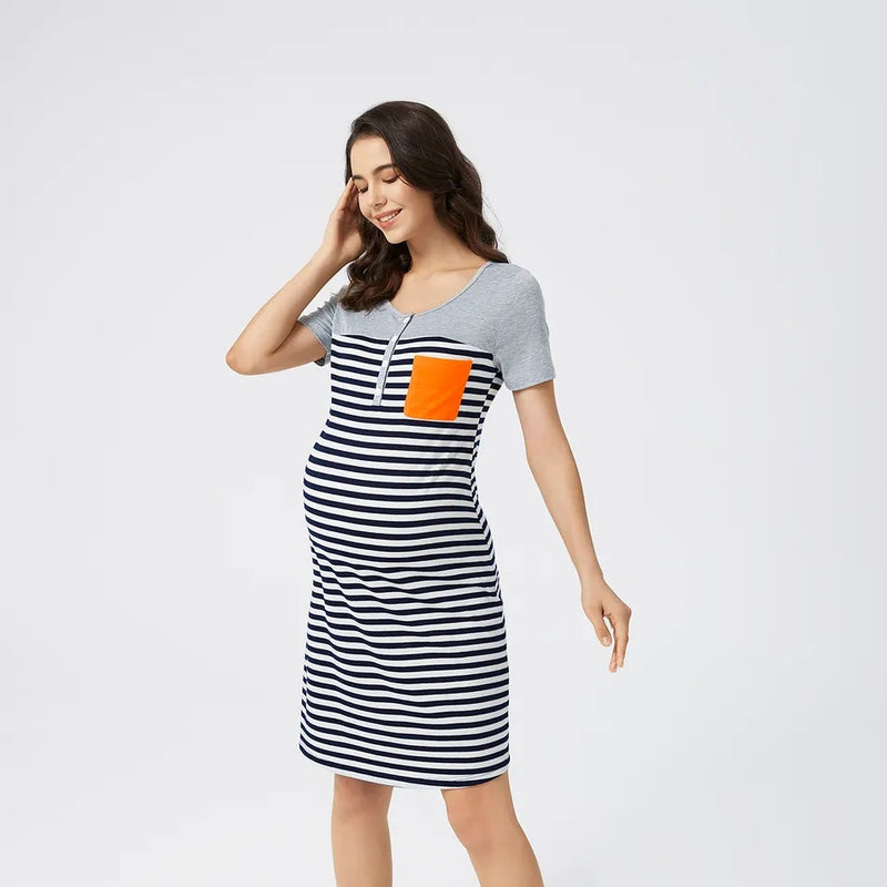 Striped Button Pocket Maternity/Nursing Dress