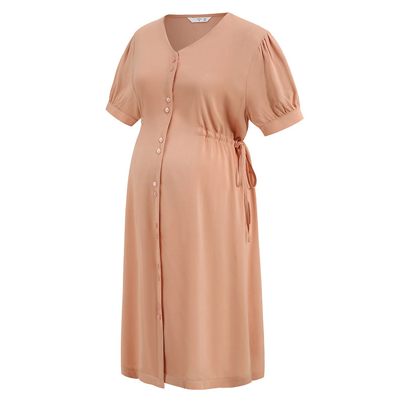 Button Down Drawstring Maternity/Nursing Dress in Pink