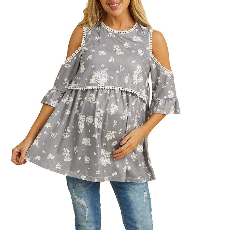 Printed Off Shoulder Maternity/Nursing Top in Grey