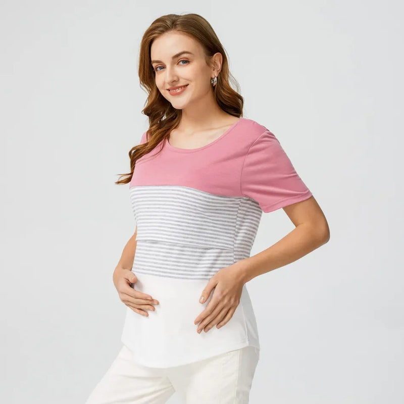 Patchwork Stripe Maternity/Nursing Top in Pink