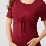 Side Pleat Tie Maternity/Nursing Dress in Burgundy