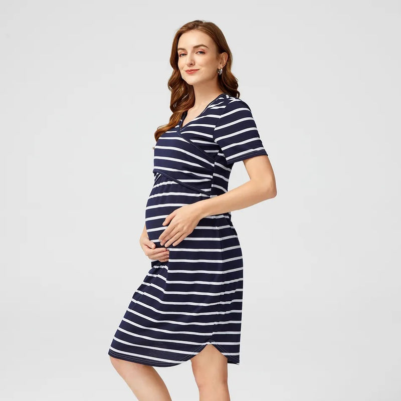 Striped Cross Wrap Maternity/Nursing Dress in Navy Blue