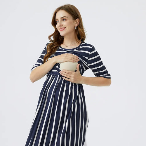 Horizontal Striped Maternity/Nursing Dress in Navy Blue