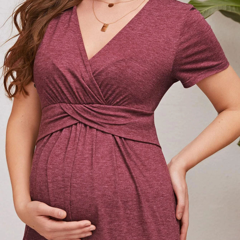 Wrap Deep-V Neck Maternity/Nursing Dress in Wine Red